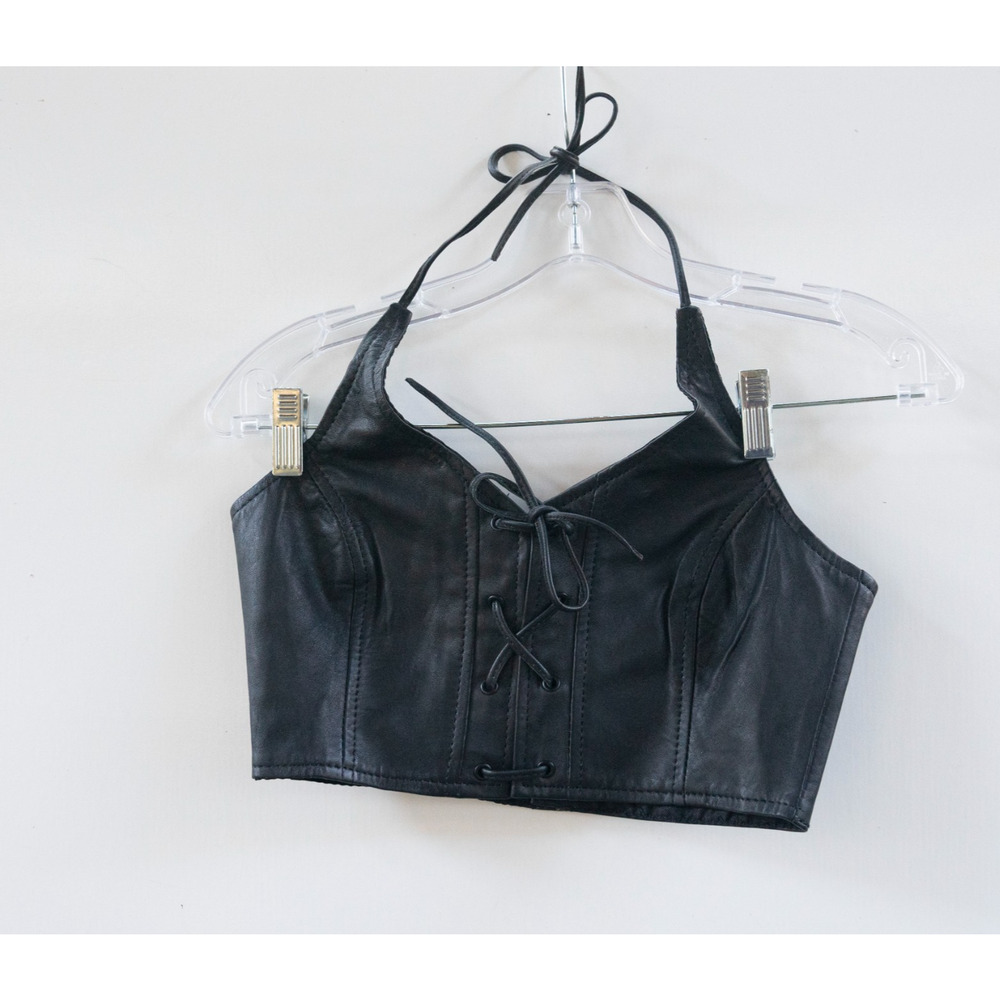 Nasty Gal Real Leather Lace Up Black Halter Crop Top With‎ Zipper Size 0